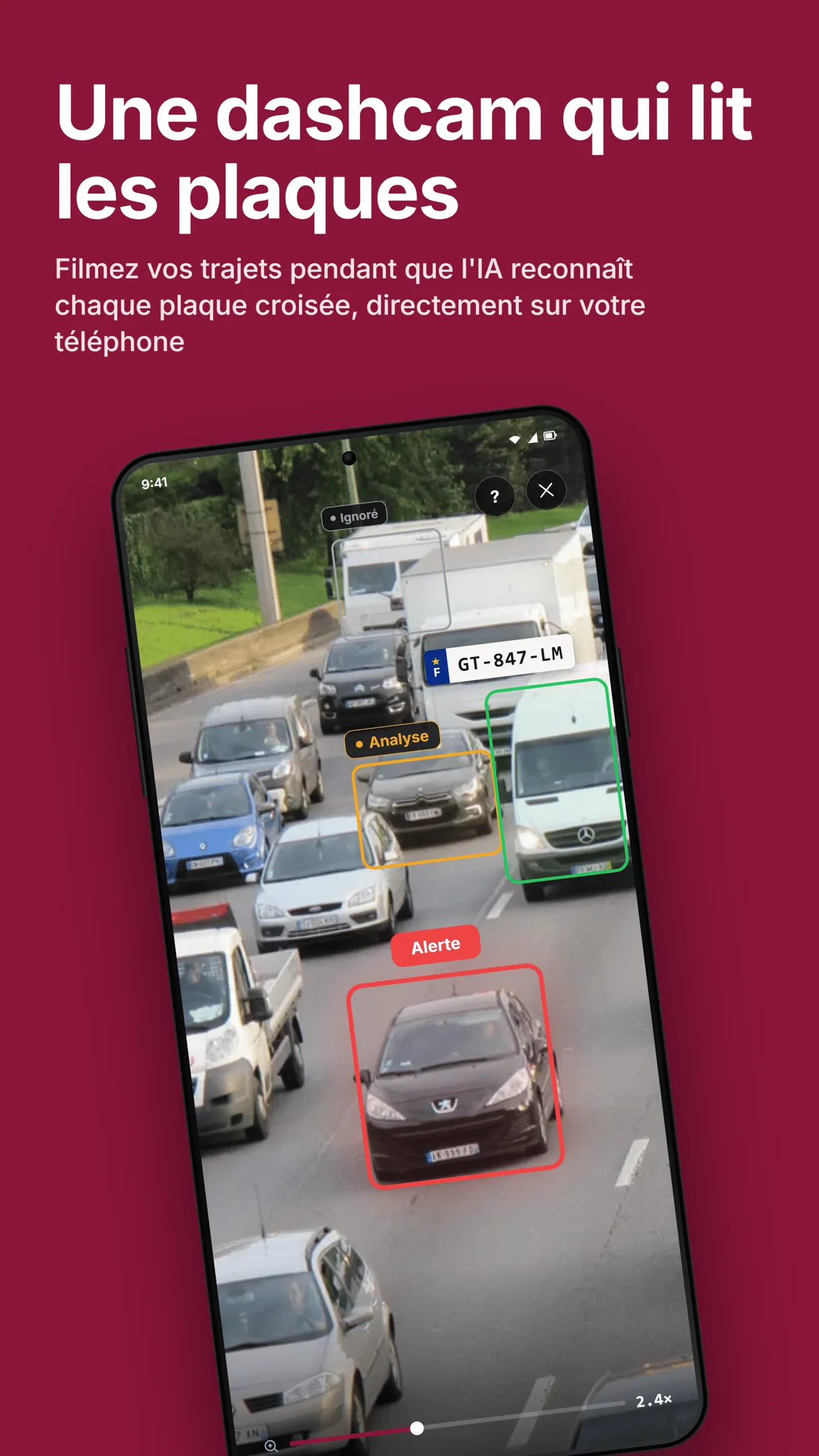 Une dashcam qui lit les plaques : filmez vos trajets pendant que l’IA reconnaît chaque plaque croisée, directement sur votre téléphone